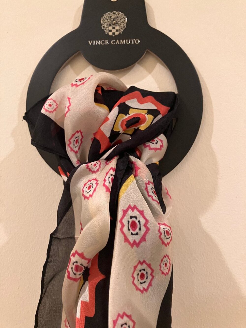 Vince Camuto Silky Square Blanket Scarf 27"×27"- Orange Black and Cream Pattern